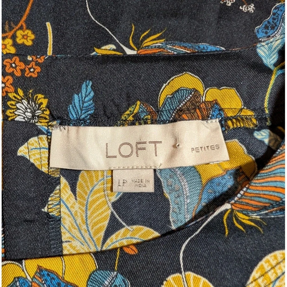 LOFT‎ Women's Navy Multicolor Floral Print Blouse Puff Sleeves Size Large Petite
